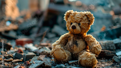 A soft children's toy teddy bear lies on the ruins of a destroyed city. AI generated © millenius