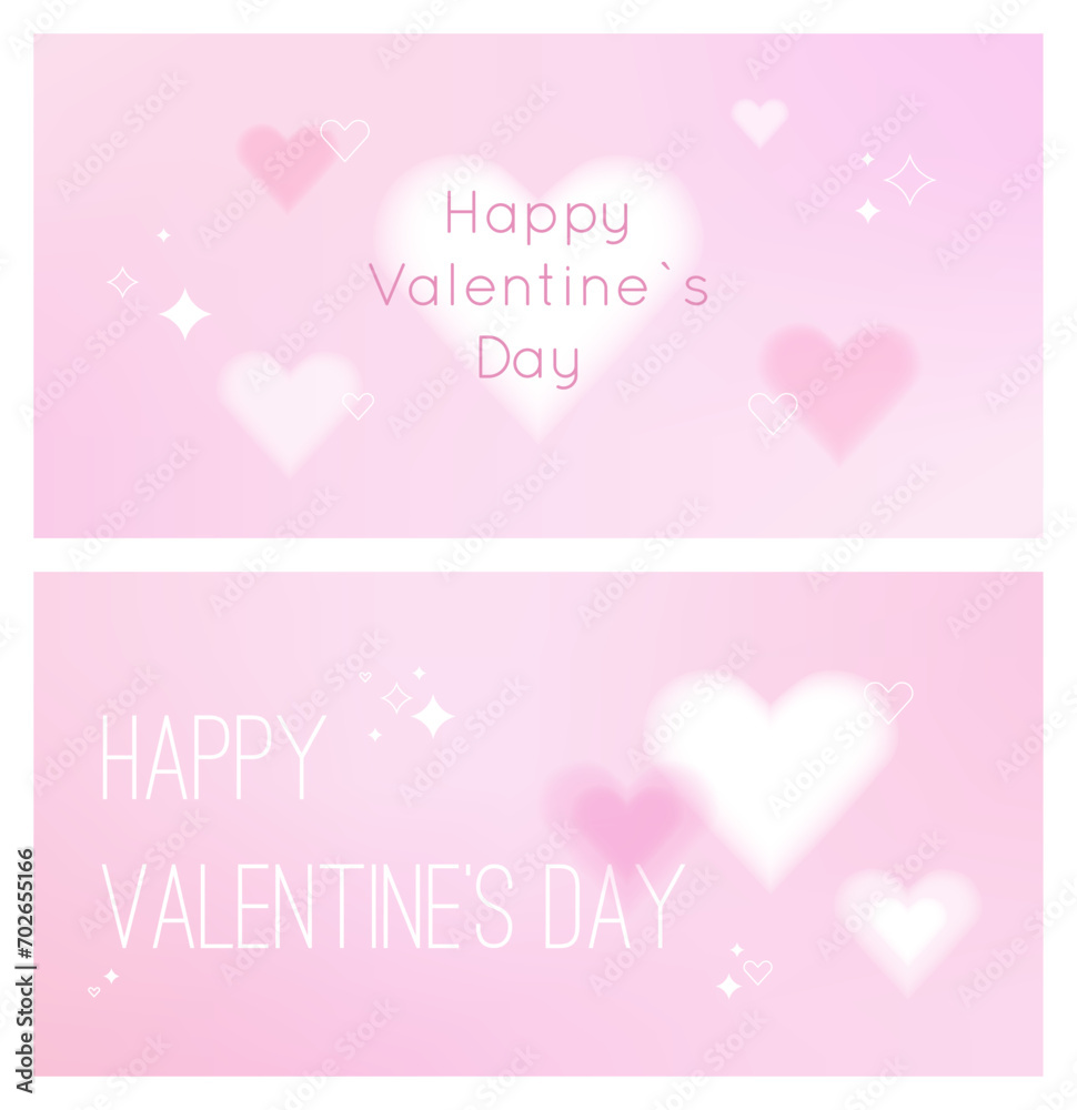Set of y2k Valentine's Day horizontal banners with blurred hearts on gradient pastel background. Flyer designs with shiny graphics in white, pink and purple colors. Vector love illustration.