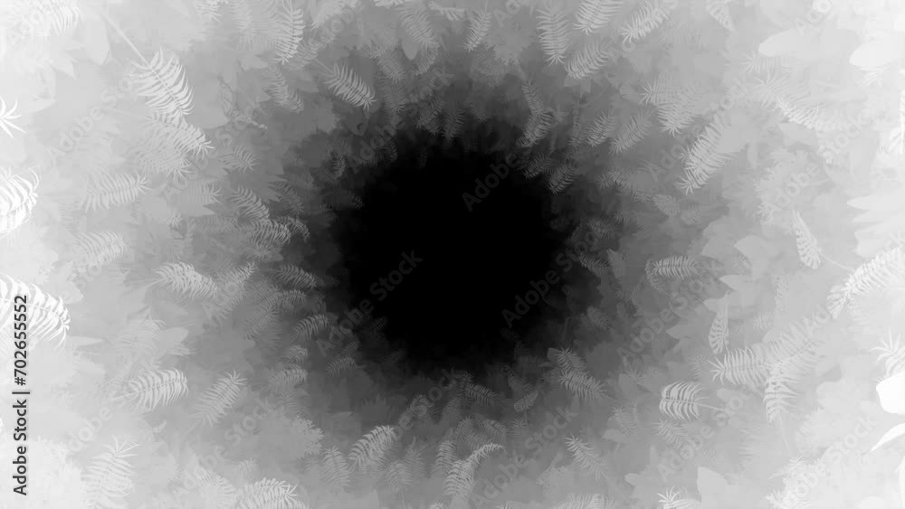Flying through a grayscale, plant-covered circular tunnel in a seamless, looped animation.