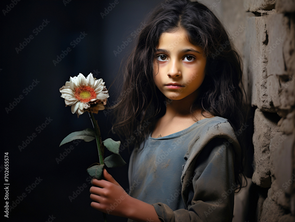 A Israeli Arab girl holding a wilted flower against the destroyed walls of her home. A Israeli Arab girl holding a wilted flower against the destroyed walls of her home.