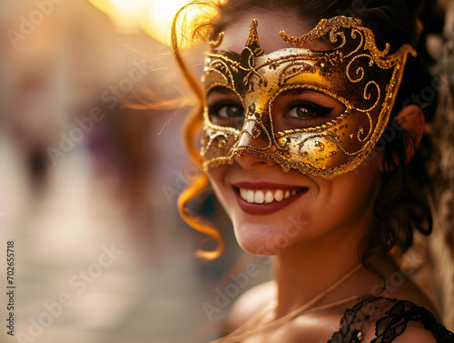 Close-up portrait of an Attractive Woman Smiling in a Carnival Mask