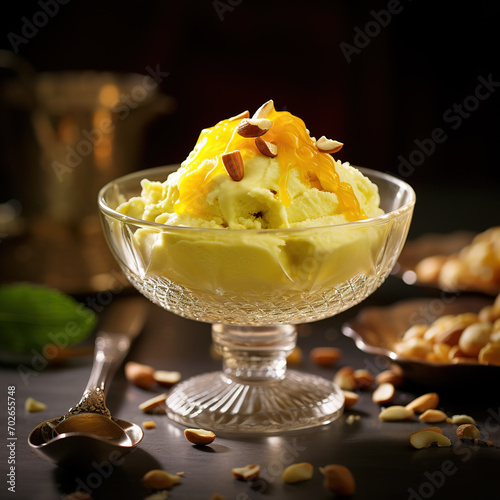 Vanilla ice cream with pistachios and almonds in a glass bowl. AI Generative