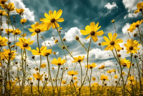 Field of wild yellow flowers against a brigh sky with clouds