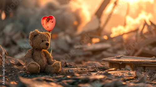 A soft children's toy teddy bear lies on the ruins of a destroyed city. AI generated