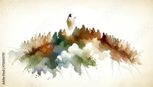 Silhouette of Jesus standing on top of a mountain and preaching to the crowd. Watercolor painting.