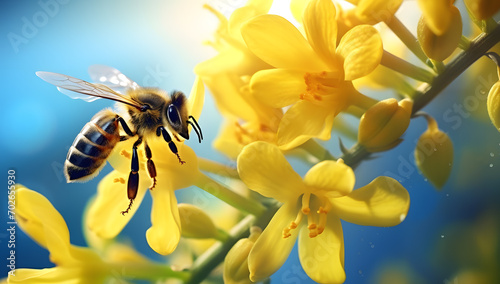 Bee working on a bright sunny day with beautiful bokeh Beautiful colorful summer spring natural flower background. © katobonsai