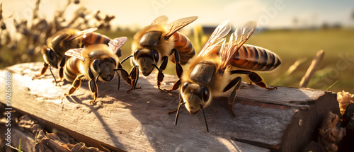 The bees fly around the hive. Beekeeping concept, close up.