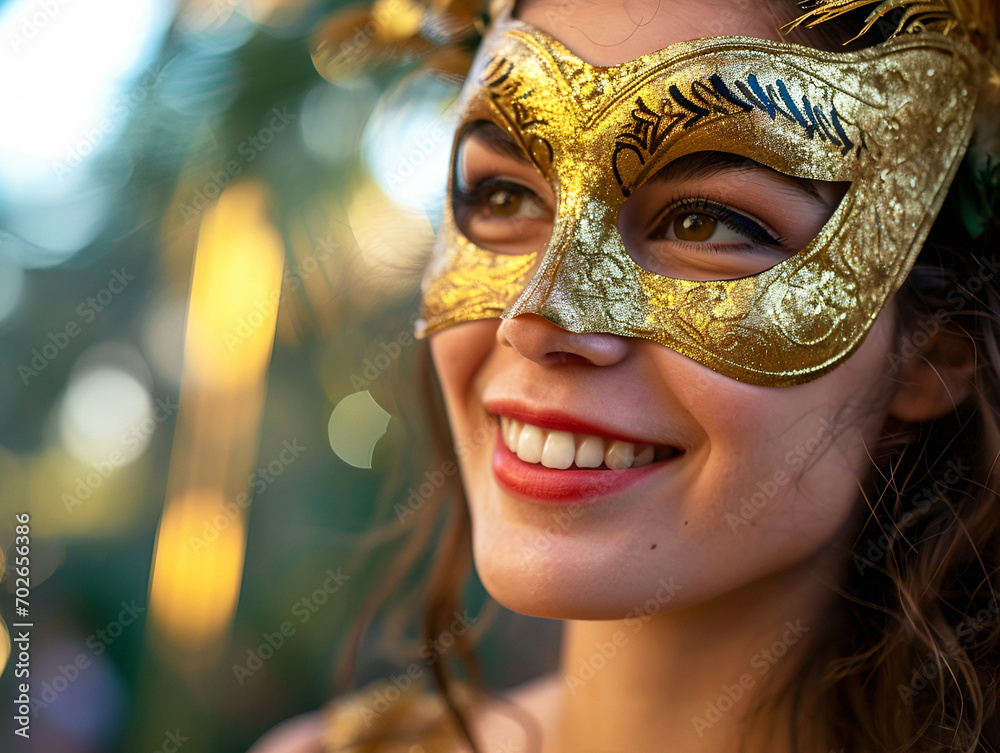 portrait of an Attractive Woman Smiling in a gold Carnival Mask