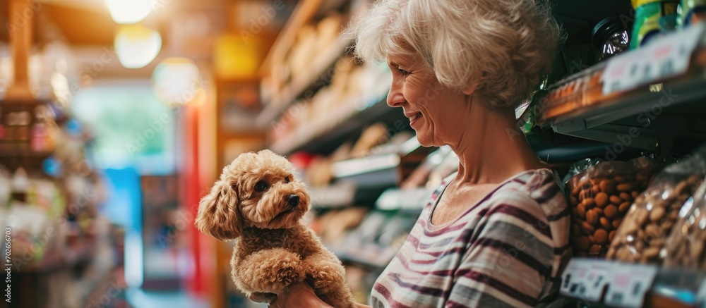 Middle aged blond woman purchasing pet supplies and food for her poodle puppy at the store. - obrazy, fototapety, plakaty 