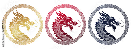 Silhouette of a dragon's head in a round frame on a transparent background with a national Chinese ornament. Set of round labels with dragon for design of cards, invitations, flyers, banners.