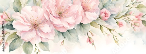 Water color banner with spring flowers on light pink background. Generative AI photo