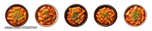 Collection bowl of Korean food, tteokbokki isolated on a transparent background, top view  photo