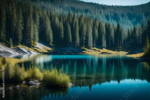 Calm blue lake with clear water in the northern forest in taiga. Gently sloping mountains in the background