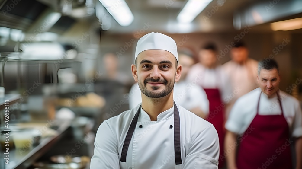 A chef in a restaurant kitchen looking focused , chef, restaurant kitchen, focused