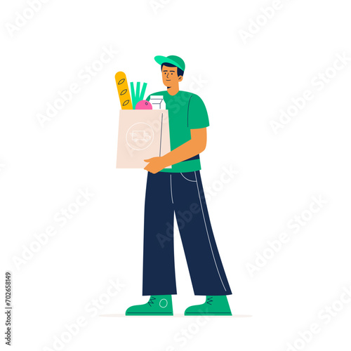 Young man, courier, or volunteer delivers grocery products from the supermarket. Easy and fast food delivery. Vector flat illustration on a white background.