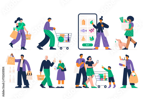 Set of different customers in a grocery store. People make purchases of food and drinks. Routine and household chores concepts. Vector flat illustrations on a white background.