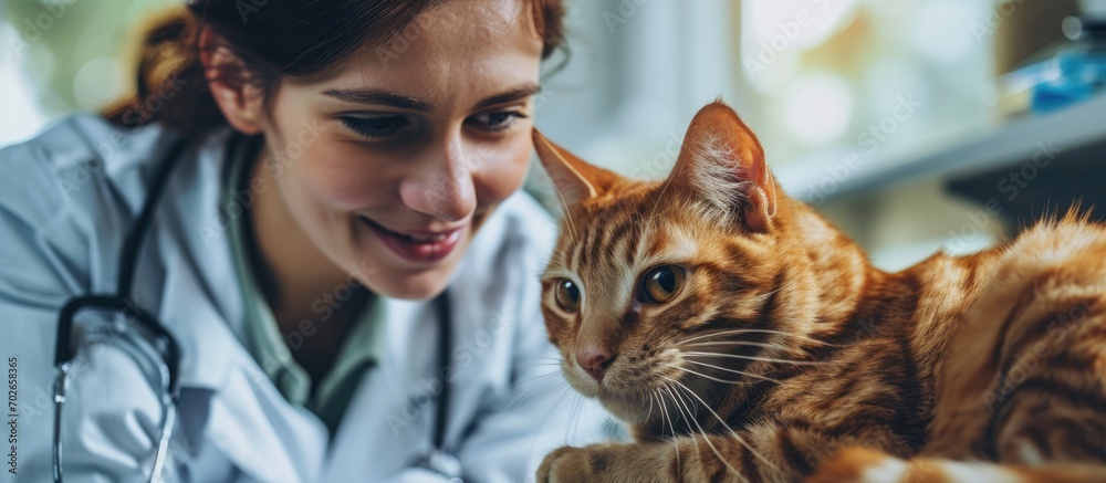 Female vet examines pet cat at modern clinic, owner present. Female vet examines pet cat at modern clinic, owner present.