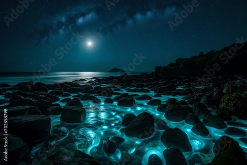 A mesmerizing display of bioluminescent plankton lighting up the shores of a nature island under the cover of a moonless night.
