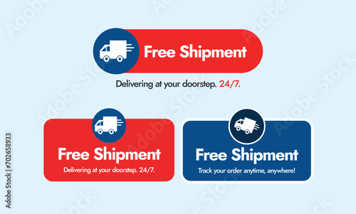 Free shipment label icons, stickers, tags for cargo, courier services. Delivering at you doorstep. Vector stock Illustration. Shipment Tags and Labels. Free Delivery. Courier Service 24x7 shipment photo