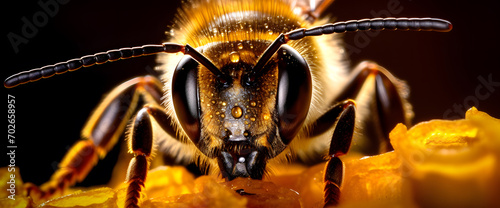 closeup of bees on honeycomb in apiary © katobonsai
