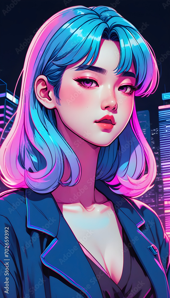 Obraz premium Hand drawn cyberpunk style beautiful and cute cartoon anime girl illustration 
