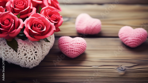 Valentine’s Day Roses and knitted hearts on a wooden background.