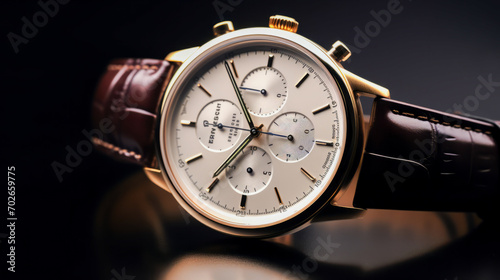 Elegant gold-toned wristwatch with chronograph features and brown leather strap on a dark background. Perfect for luxury timepiece ads.