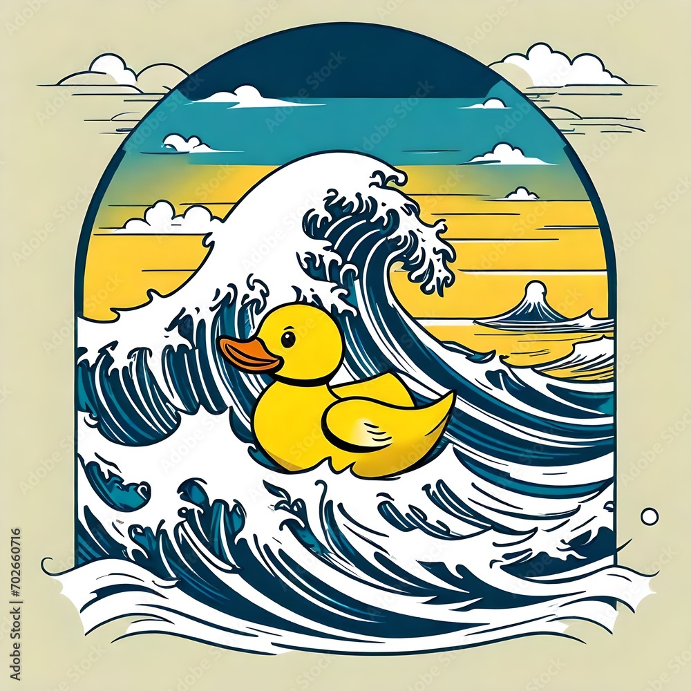 Φωτογραφία cute illustration of a rubber duck floating in the ocean with rough water and wa