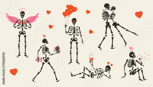 Set of Funny Skeletons with decor for Valentine's day. Cute character Skeleton Bones