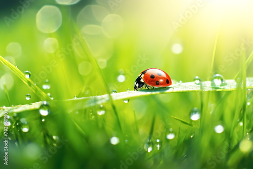 Ladybug running along the green wet grass. Fresh juicy young grass in droplets of morning dew and a ladybug in summer spring on a leaf macro. 