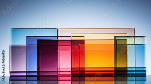Colored laminated glass sheets stack. Decorative tinted window material sample