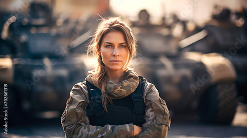 Girl soldier in military uniform, military equipment in the background. AI generated photo