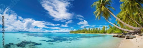 A panoramic view of a tropical beach with turquoise waters and palm trees  photo