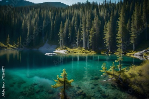 Calm blue lake with clear water in the northern forest in taiga. Gently sloping mountains in the background