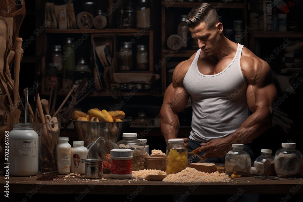 Bodybuilder and a lot of food