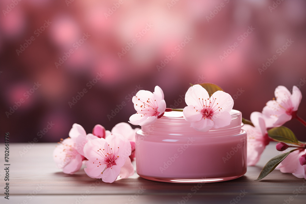 Sakura blossoms and beauty cream on wooden table. Design for natural beauty products. Image Mother's Day, for spa service, cosmetic products, beauty salon. Banner with space for text.