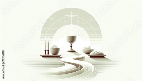 Eucharistic symbols. Lord's supper symbols: chalice of wine, bread, candles on a white background. Vector illustration.