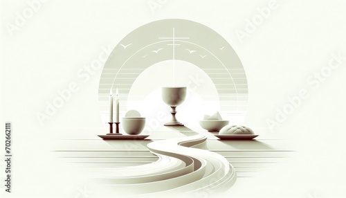 Eucharistic symbols. Lord's supper symbols: chalice of wine, bread, candles on a white background. Vector illustration. photo