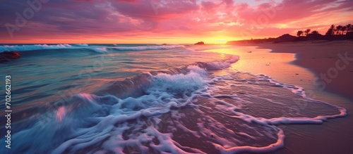The colorful sunset is seen from the blue, pink sea beach with the waves gently flowing onto the shore