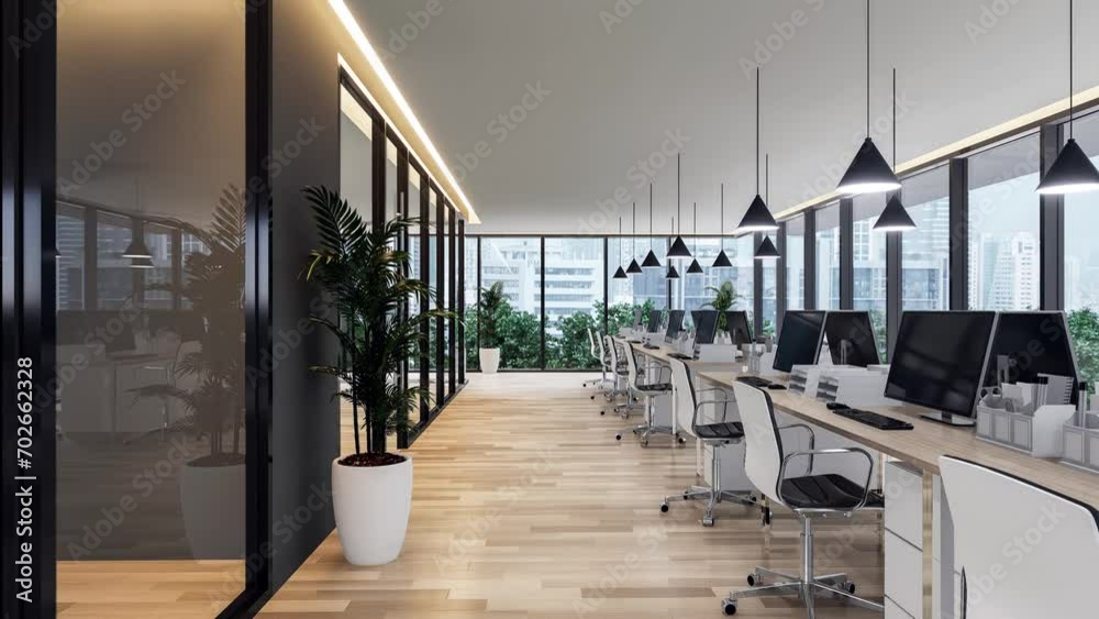 Animation of modern contemporary office interior with city view 3d render, There are wooden floor furnished with white chair and wooden table large windows overlooking cityscape outside.