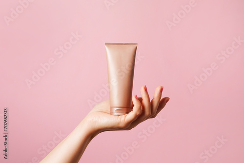 Woman hand holding unbranded beige tube with cosmetic cream on pink background. skin care concept, copy space