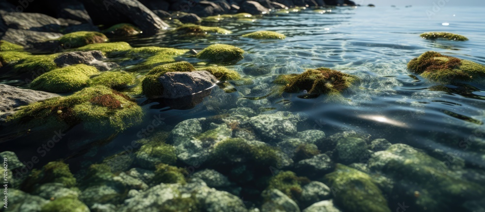 The sea water recedes, the water flows gently between the rocks and grass in the sea The sea water recedes, the water flows gently between the rocks and grass in the sea