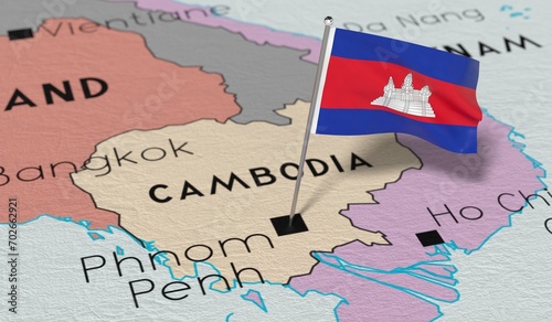 Cambodia, Phnom Penn - national flag pinned on political map - 3D illustration