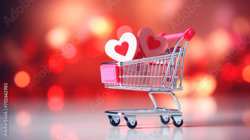Miniature basket with gifts, sales concept for Valentine's day. AI generated