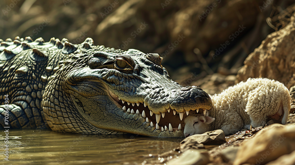 Fototapeta premium The crocodile wants to eat the little lamb