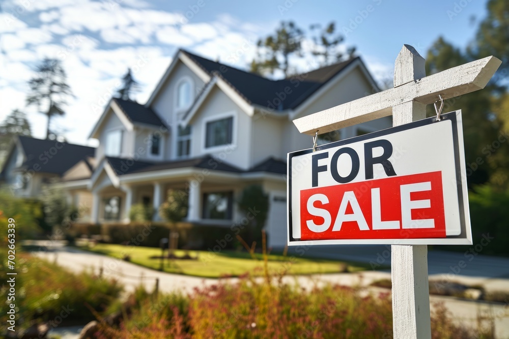 House for sale sign in front of a modern home House for sale sign in front of a modern home