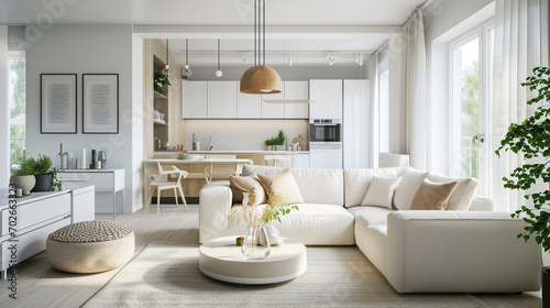 interior design spacious bright studio apartment in Scandinavian style and warm pastel AI Generative