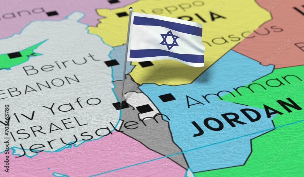 Naklejka premium Israel, Jerusalem - national flag pinned on political map - 3D illustration