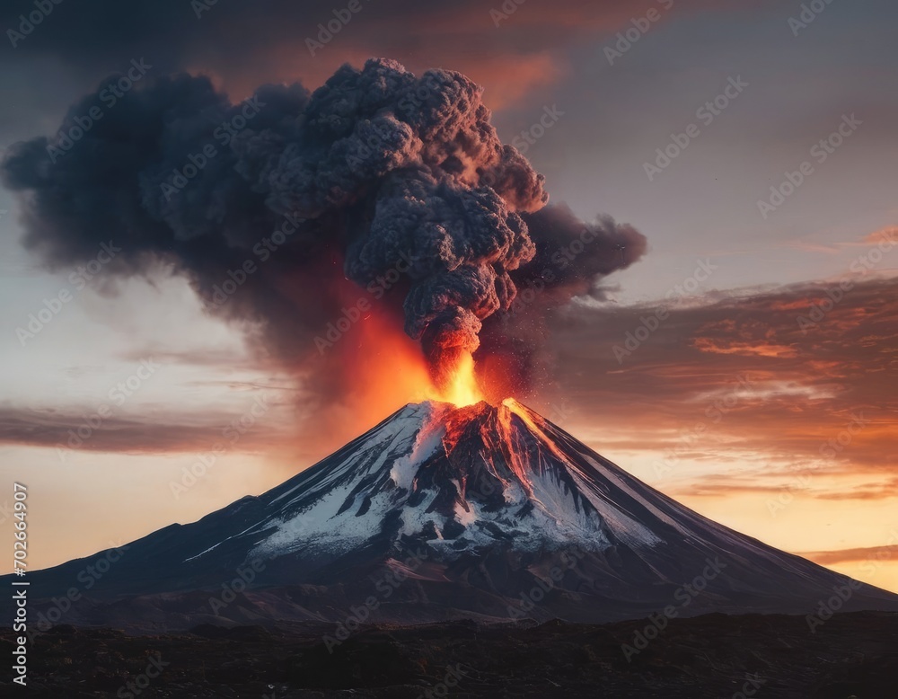 Volcano illustration background at sunset