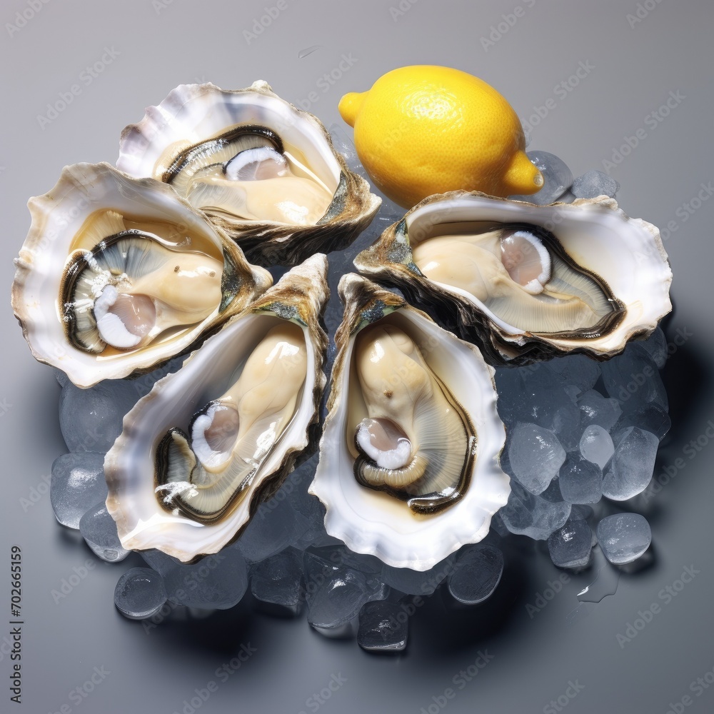 Fresh opened oyster offered as top view on crushed ice,Oysters with lemon on ice Fresh opened oyster offered as top view on crushed ice,Oysters with lemon on ice